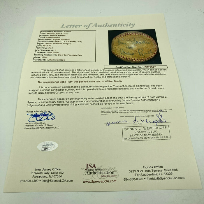 William Bendix "Babe Ruth" Signed Inscribed Baseball Movie Star JSA COA Dec 1964