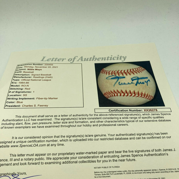 Willie Mays Signed Vintage National League Feeney Baseball With JSA COA