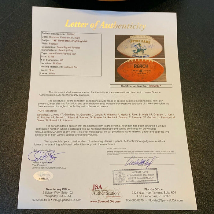 Notre Dame Fighting Irish Legends Multi Signed Football 66 Sigs With JSA COA