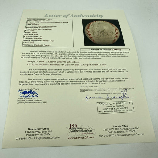 1982 St. Louis Cardinals World Series Champs Team Signed Baseball JSA COA