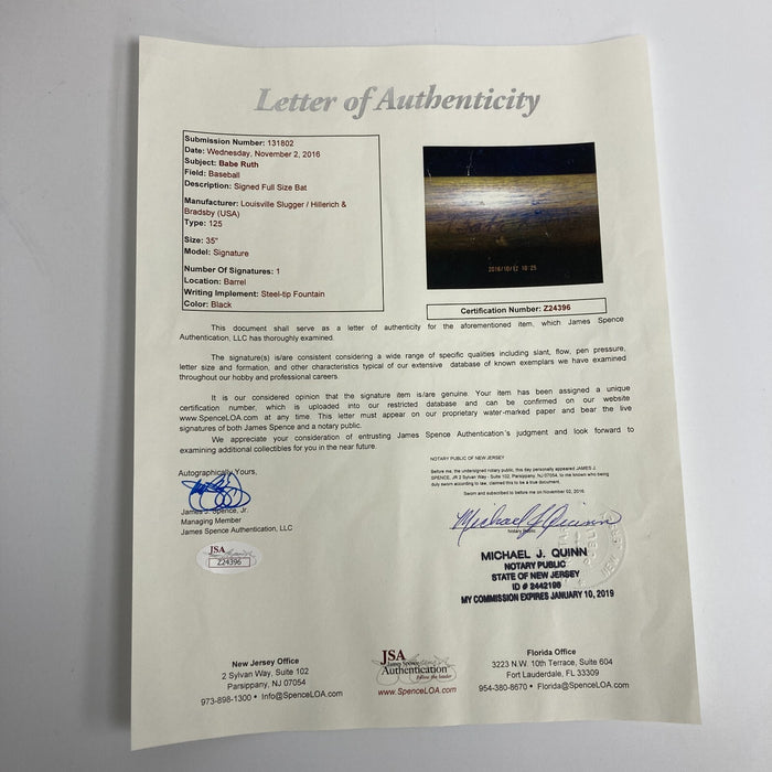 Babe Ruth Signed 1920's Game Model Louisville Slugger Baseball Bat JSA COA