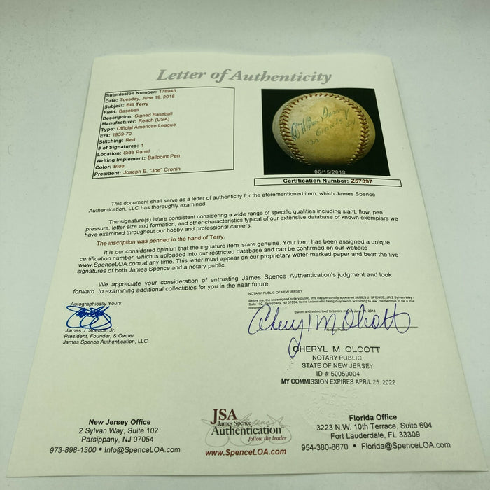 Bill Terry "Giants 1922-1942" Signed National League Ford Frick Baseball JSA COA