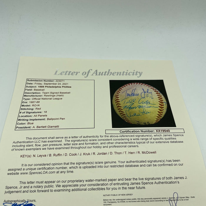 1989 Philadelphia Phillies Team Signed National League Baseball With JSA COA