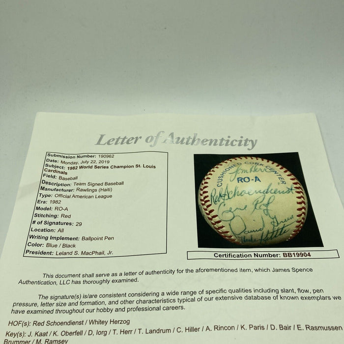 1982 St. Louis Cardinals World Series Champs Team Signed Baseball JSA COA