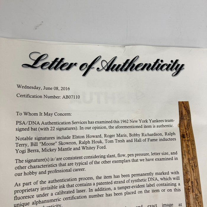 1962 New York Yankees W.S. Champs Team Signed Bat Mickey Mantle Beckett COA