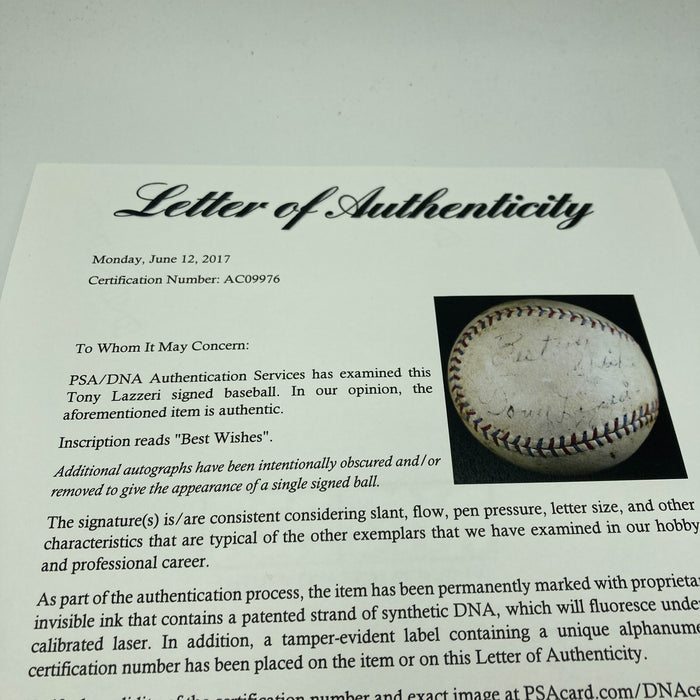 Tony Lazzeri Signed 1927 American League Baseball PSA DNA COA
