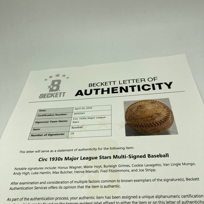 Honus Wagner Heinie Manush  Waite Hoyt HOF Multi Signed Baseball Beckett COA