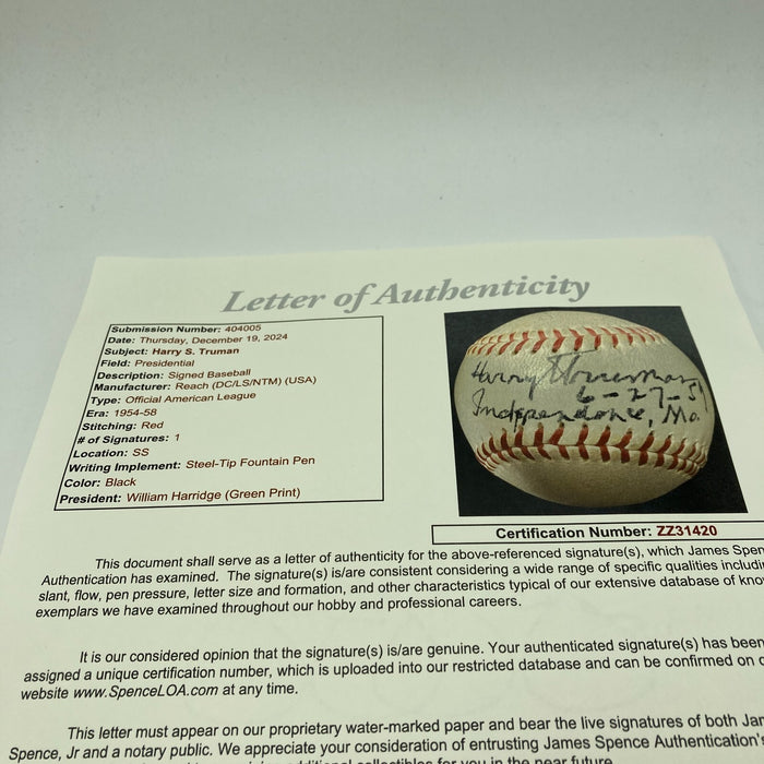 President Harry S. Truman Single Signed American League Baseball JSA COA