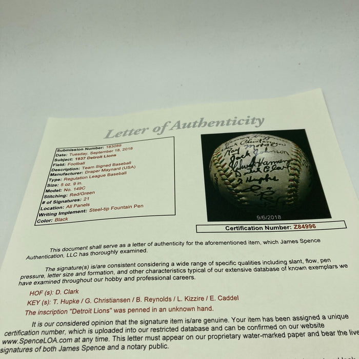 Beautiful Dutch Clark 1937 Detroit Lions NFL Team Signed Baseball JSA COA RARE