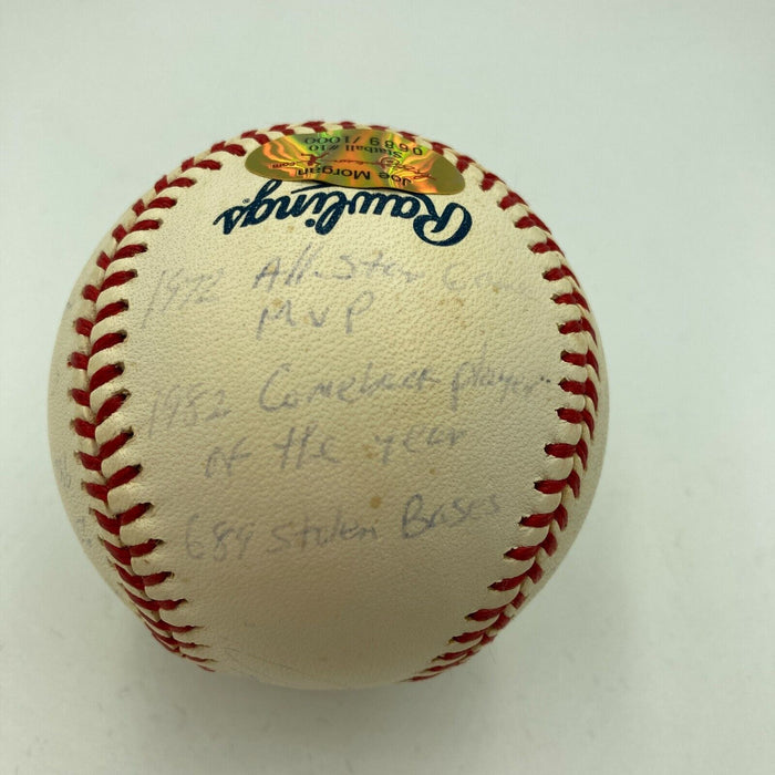 Joe Morgan Signed Heavily Inscribed Career STAT Baseball Reggie Jackson COA