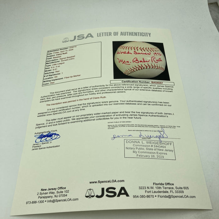 Mrs. Babe Ruth Signed Baseball 1972 World Series JSA COA