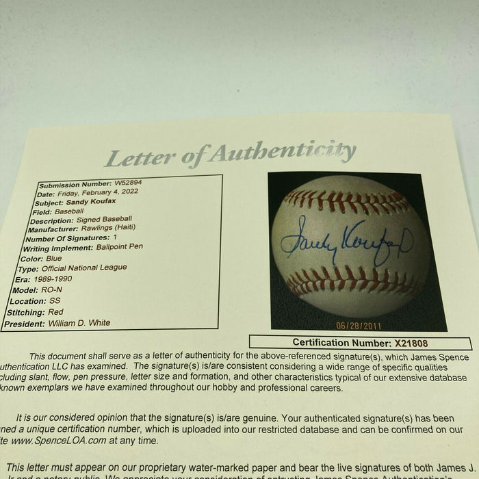 Sandy Koufax Signed Official National League Baseball JSA COA