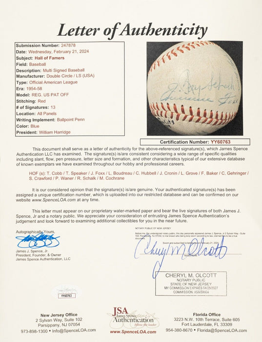 Ty Cobb Jimmie Foxx Tris Speaker Hall Of Fame Multi Signed Baseball JSA COA