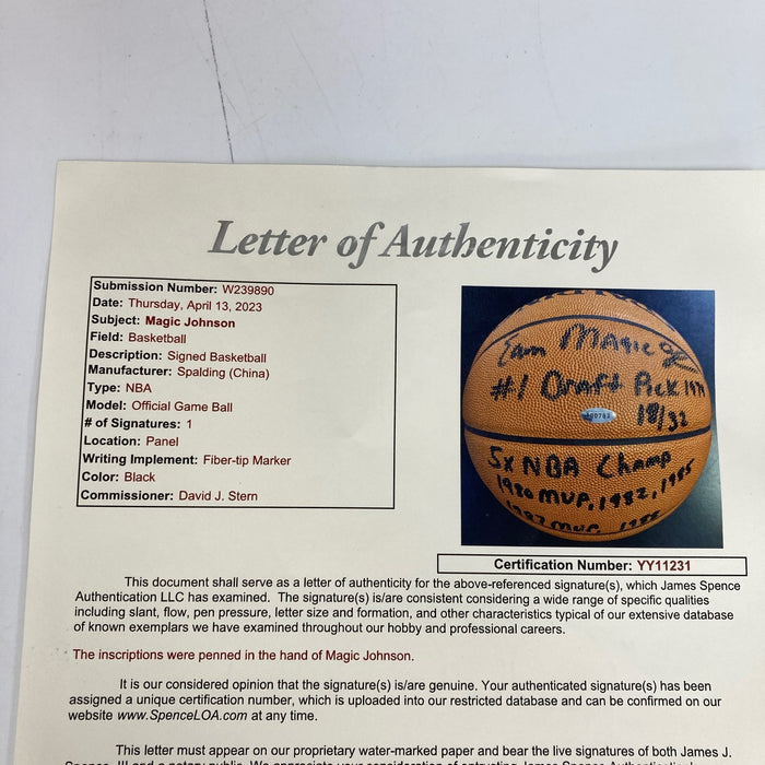Magic Johnson Signed Heavily Inscribed STATS Basketball 18/32 JSA & Steiner COA
