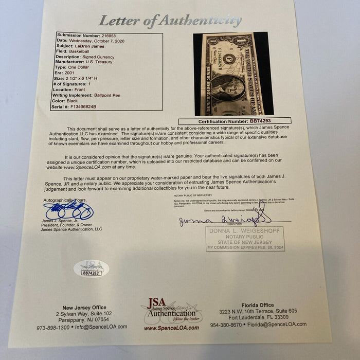 LeBron James Pre Rookie 2001 Signed $1 Dollar Bill JSA COA Auto