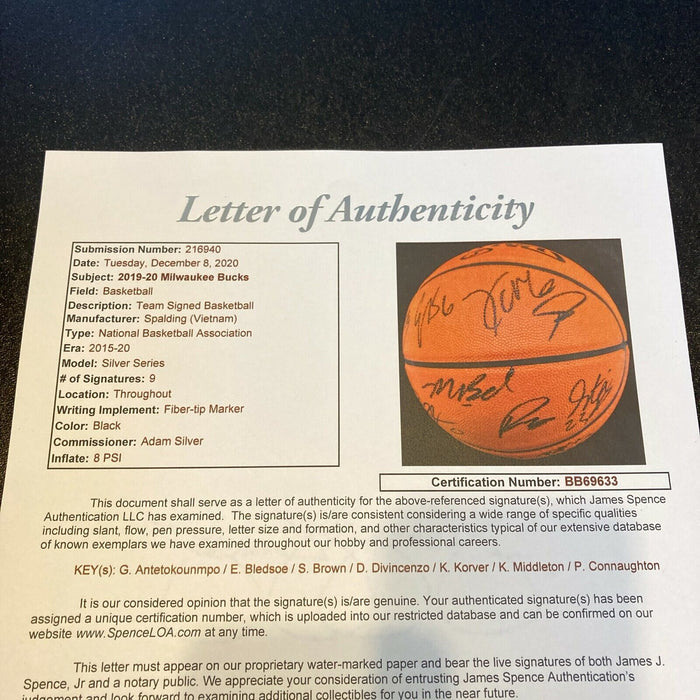 2019-20 Milwaukee Bucks Team Signed Basketball Giannis Antetokounmpo JSA COA