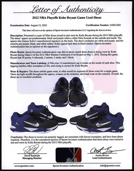 Kobe Bryant Photomatched 2012 Playoffs Game Used Signed Sneakers Panini COA 1/1