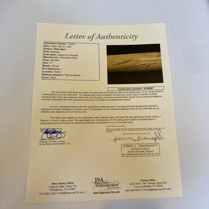 Willie Mays Signed Vintage Adirondack Baseball Bat With JSA COA
