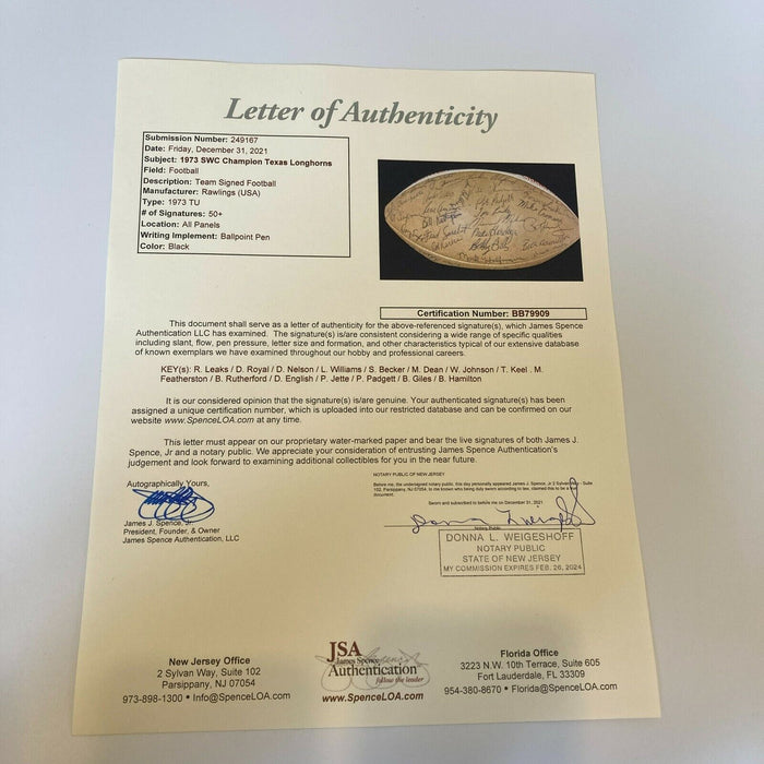 1973 Texas Longhorns SWC Champions Team Signed Football 50+ Sigs JSA COA