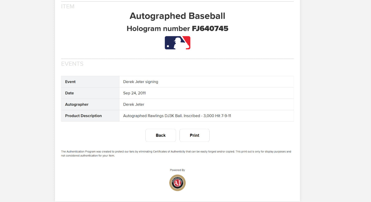 Derek Jeter 3000th Hit 7-9-11 Signed Inscribed DJ3K Baseball MLB & Steiner