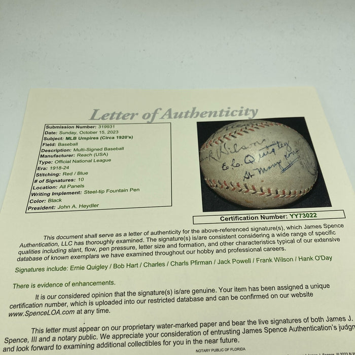 Hank O'Day Hall Of Fame 1918 Umpires Signed National League Baseball JSA COA