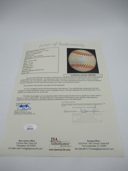 Rare Fred Hutchinson Single Signed Autographed 1950's Baseball JSA COA