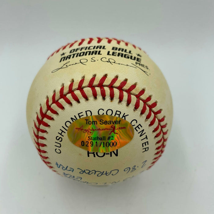 Rare Tom Seaver Signed Heavily Inscribed Career STAT Baseball With RJ COA