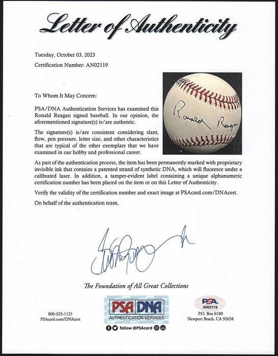 President Ronald Reagan Single Signed American League Baseball PSA DNA COA