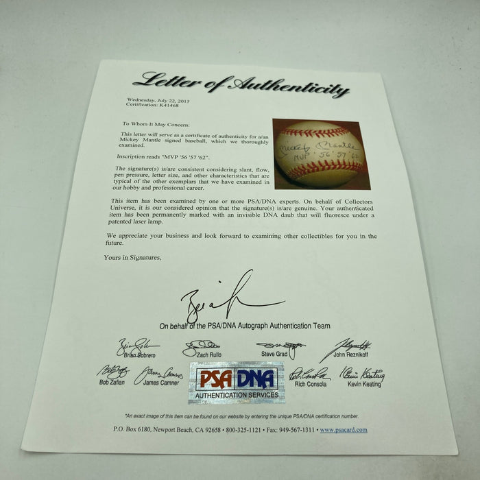 Mickey Mantle "MVP 1956 1957 1962" Signed Inscribed American League Baseball PSA