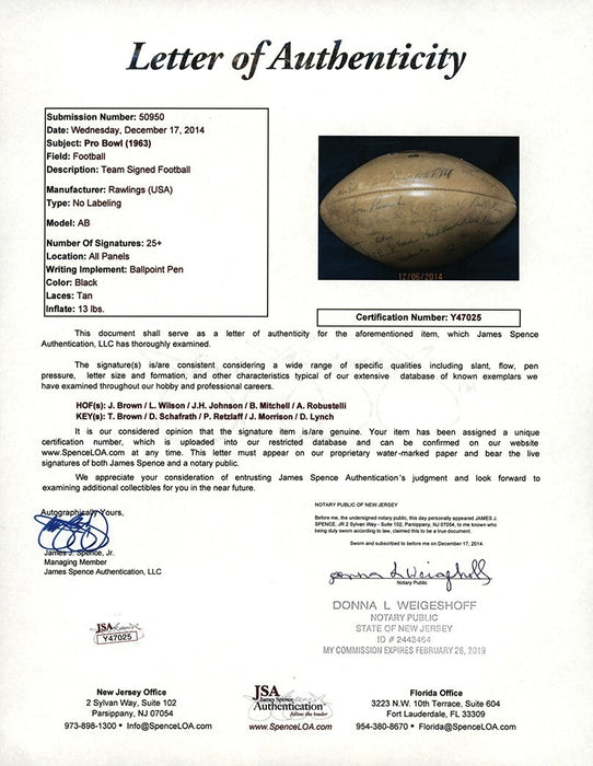 1963 Pro Bowl Team-Signed Football with Jim Brown JSA COA