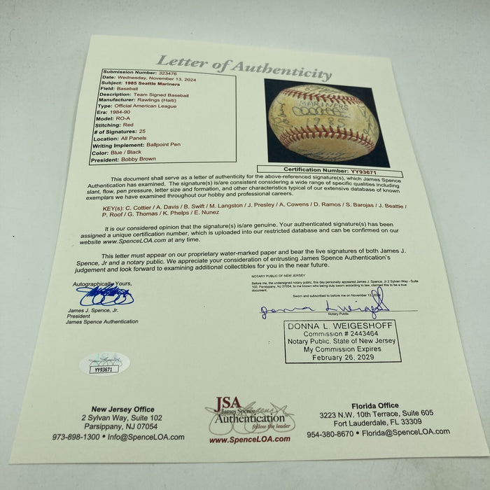 1985 Seattle Mariners Team Signed American League Baseball JSA COA