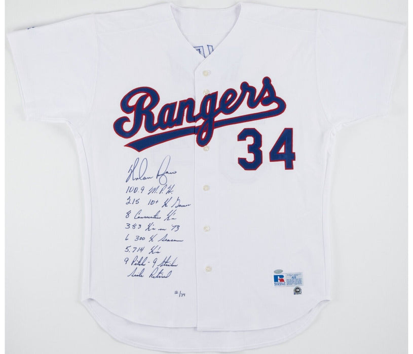 Nolan Ryan Signed Heavily Inscribed Texas Rangers Game Model STAT Jersey Steiner