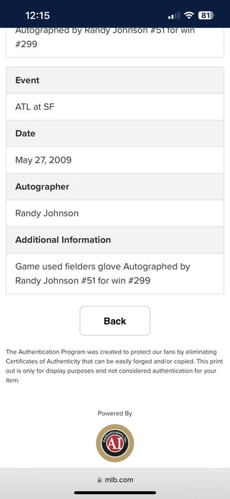 Randy Johnson 299th Win Game Used Signed Baseball Glove MLB & JSA COA