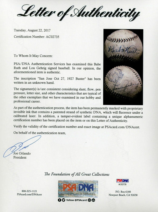 Stunning Babe Ruth & Lou Gehrig 1927 Signed American League Baseball PSA DNA COA