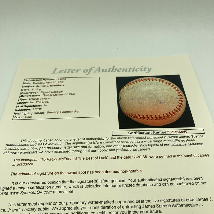 1935 James J. Braddock Single Signed Baseball "Cinderella Man" Boxing JSA COA