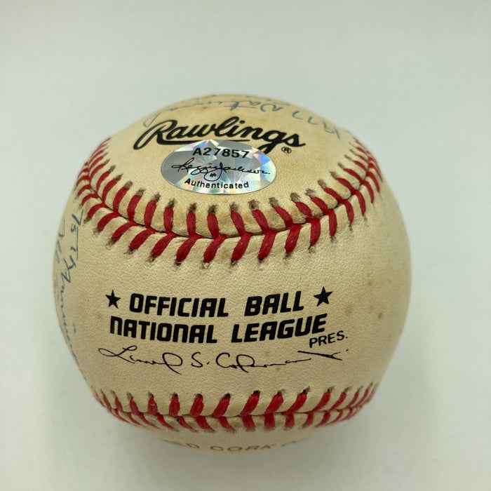 Joe Montana Signed Heavily Inscribed Career STAT Baseball Reggie Jackson COA