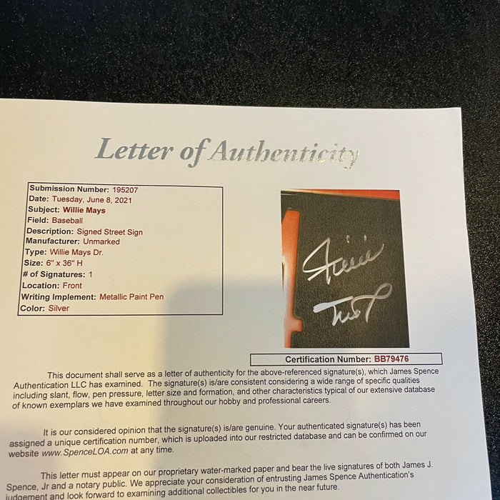 Willie Mays Signed Large Willie Mays Drive Street Sign Giants JSA COA