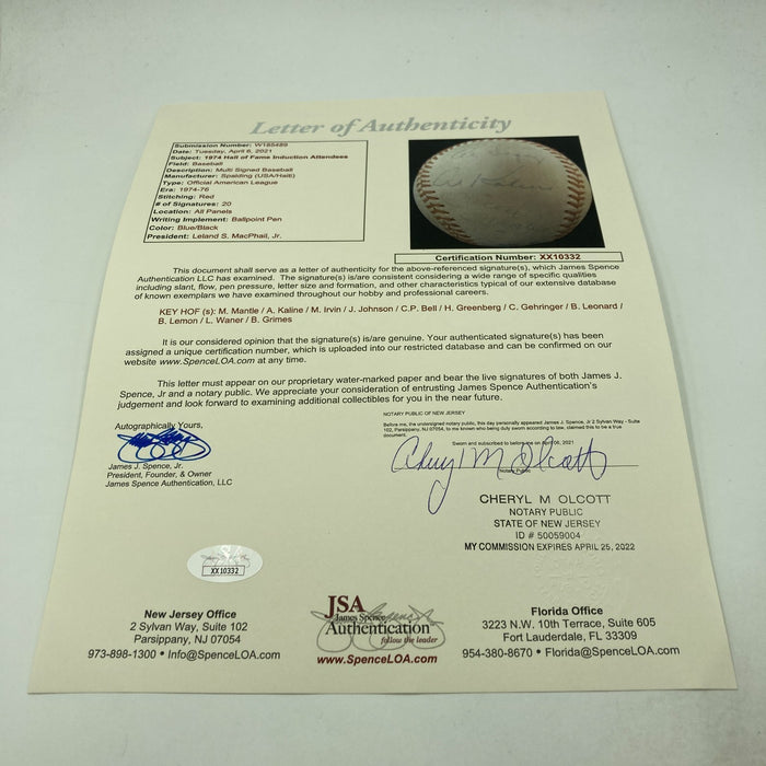 Mickey Mantle 1974 Hall Of Fame Induction Multi Signed Baseball JSA COA