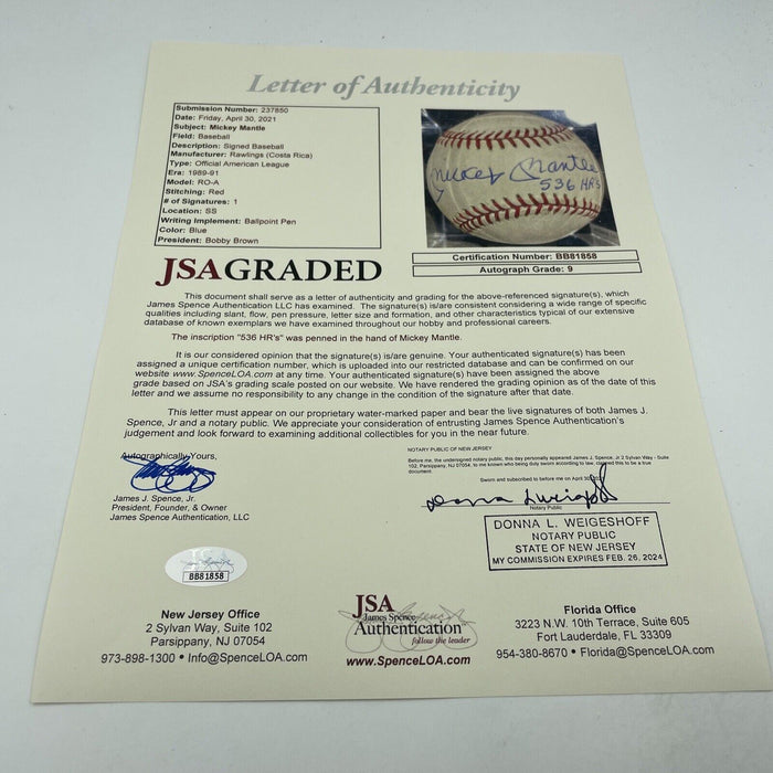 Beautiful Mickey Mantle 536 Home Runs Signed Baseball JSA COA Graded MINT 9