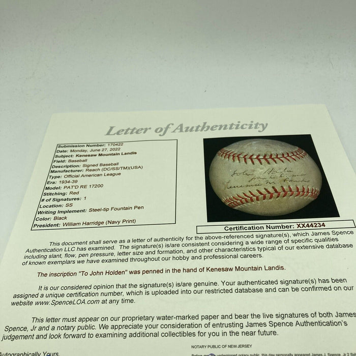Kenesaw Mountain Landis Single Signed American League Baseball HOF JSA COA RARE