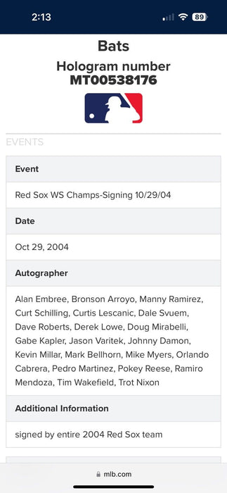 2004 Boston Red Sox World Series Champs Team Signed Baseball Bat MLB Authentic