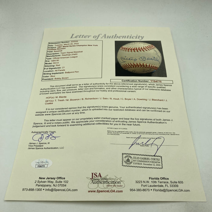 1961 New York Yankees World Series Champs Team Signed Baseball Mickey Mantle JSA