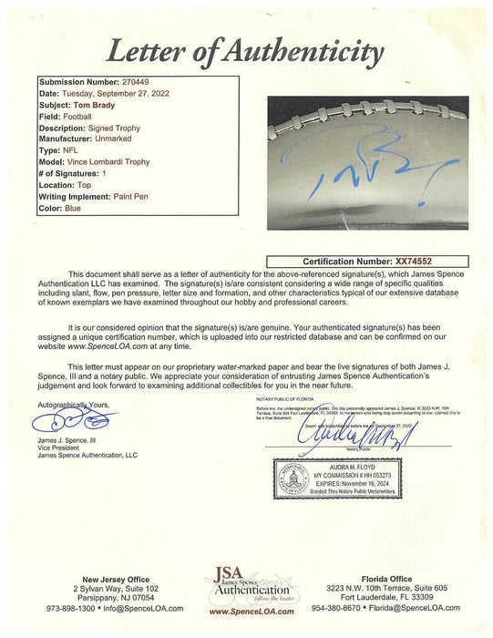 Tom Brady Signed Full Size Super Bowl LI Vince Lombardi Trophy JSA COA