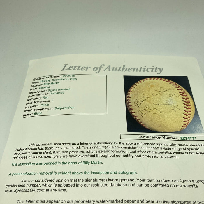 Billy Martin Signed 1979 Vintage Baseball JSA COA