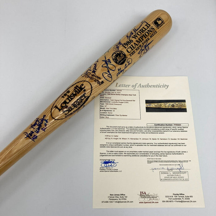 1986 New York Mets Team World Series Champs Signed Bat JSA COA