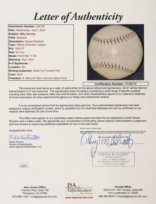 Rare Billy Sunday Single Signed 1925 American League Baseball Evangelist JSA COA