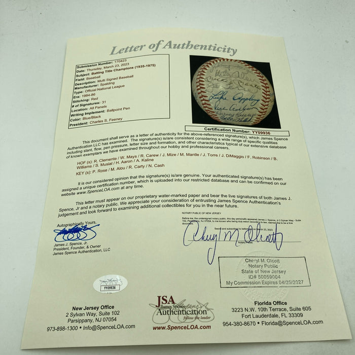 The Finest 1935-1975 Batting Champs Signed Baseball Clemente Mantle Dimaggio JSA