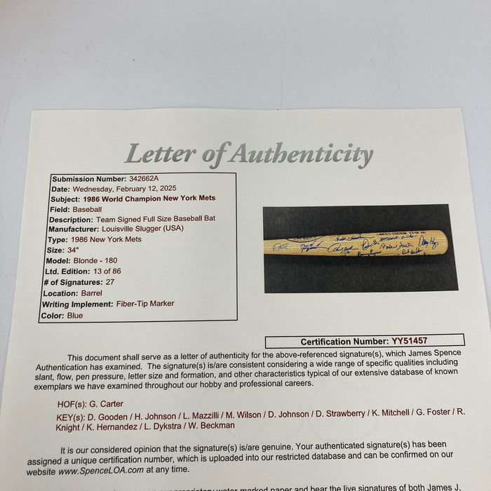 1986 New York Mets World Series Champs Team Signed Bat 27 Sigs JSA COA