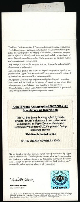 Kobe Bryant "2007 A.S. MVP" Signed 2007 All Star Game Jersey UDA Upper Deck COA