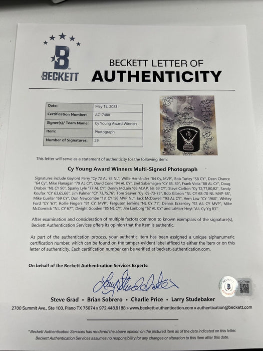 Sandy Koufax Cy Young Winners Signed 16x20 Photo 29 Signatures Beckett COA